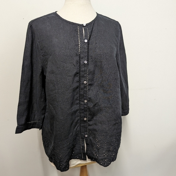 J.jill Black Linen Eyelet Trim  Button Down Top L NWOT Langenlook loose fit - Picture 7 of 12